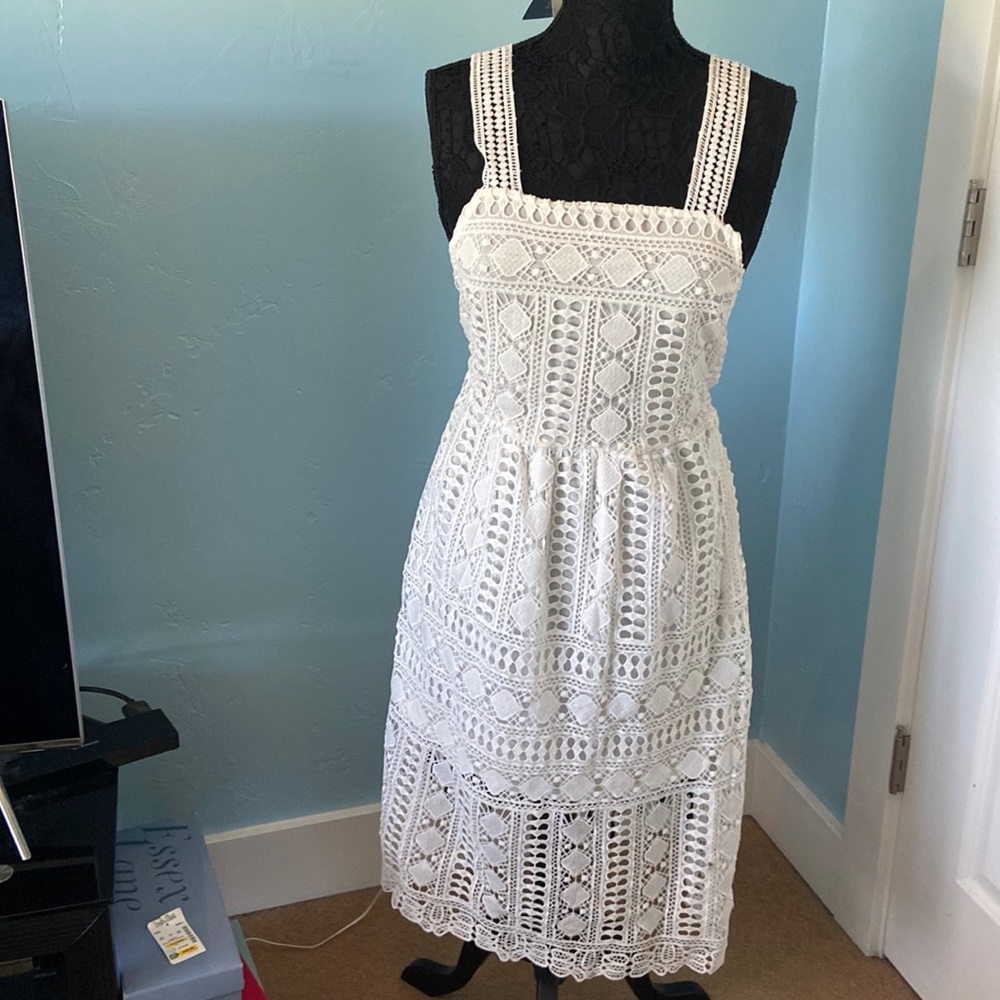 Lace or crochet midi sundress, apron style, white, NWT